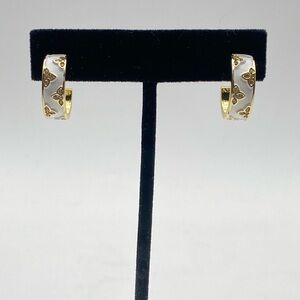 New Gold Tone and White Rhinestone Clover Hoop Stud Earrings